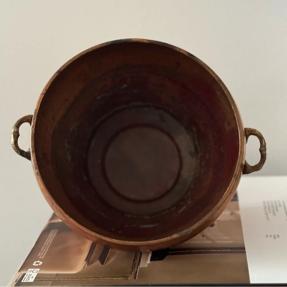 Vintage Hosley Copper Container Planter W/ Brass Handles / vase